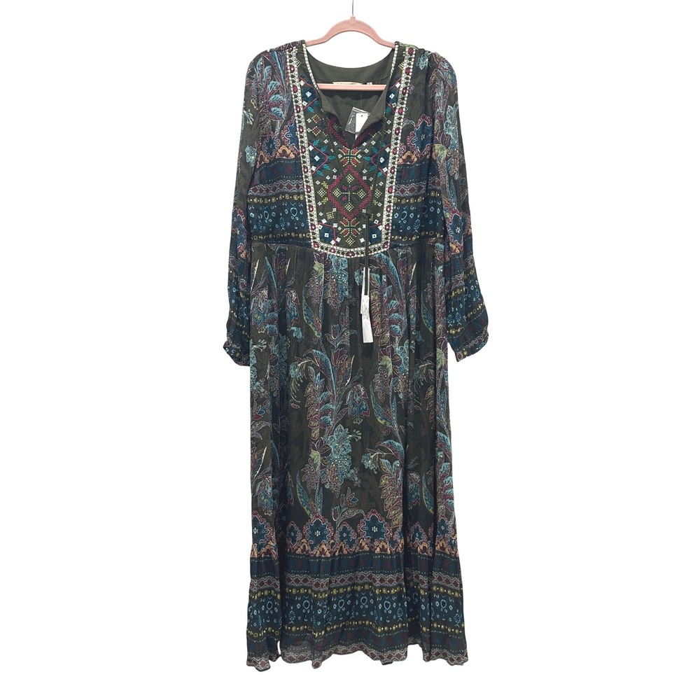 Soft Surroundings Mirapani Olive Green Embroidered Maxi Dress XL Boho Tassel NEW